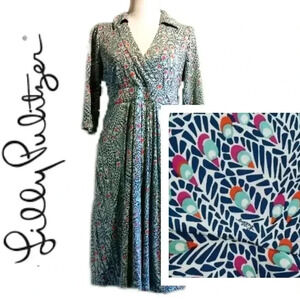 🌟 Lilly Pulitzer Feather Monogram Print Silk Stretch Flare Dress Blue Women